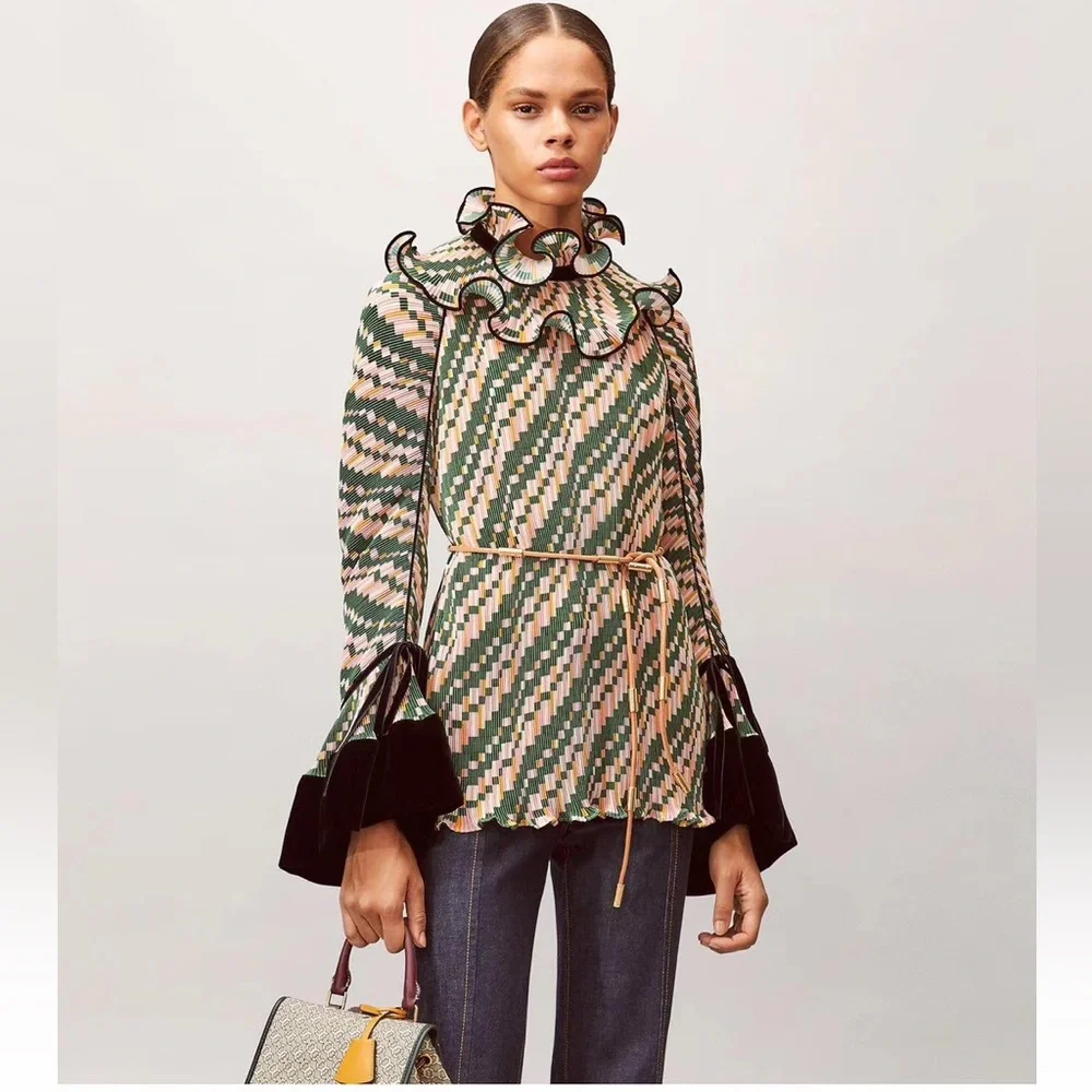 NWT Tory Burch Convertible Pleated Ruffle Blouse In Mesa Geo